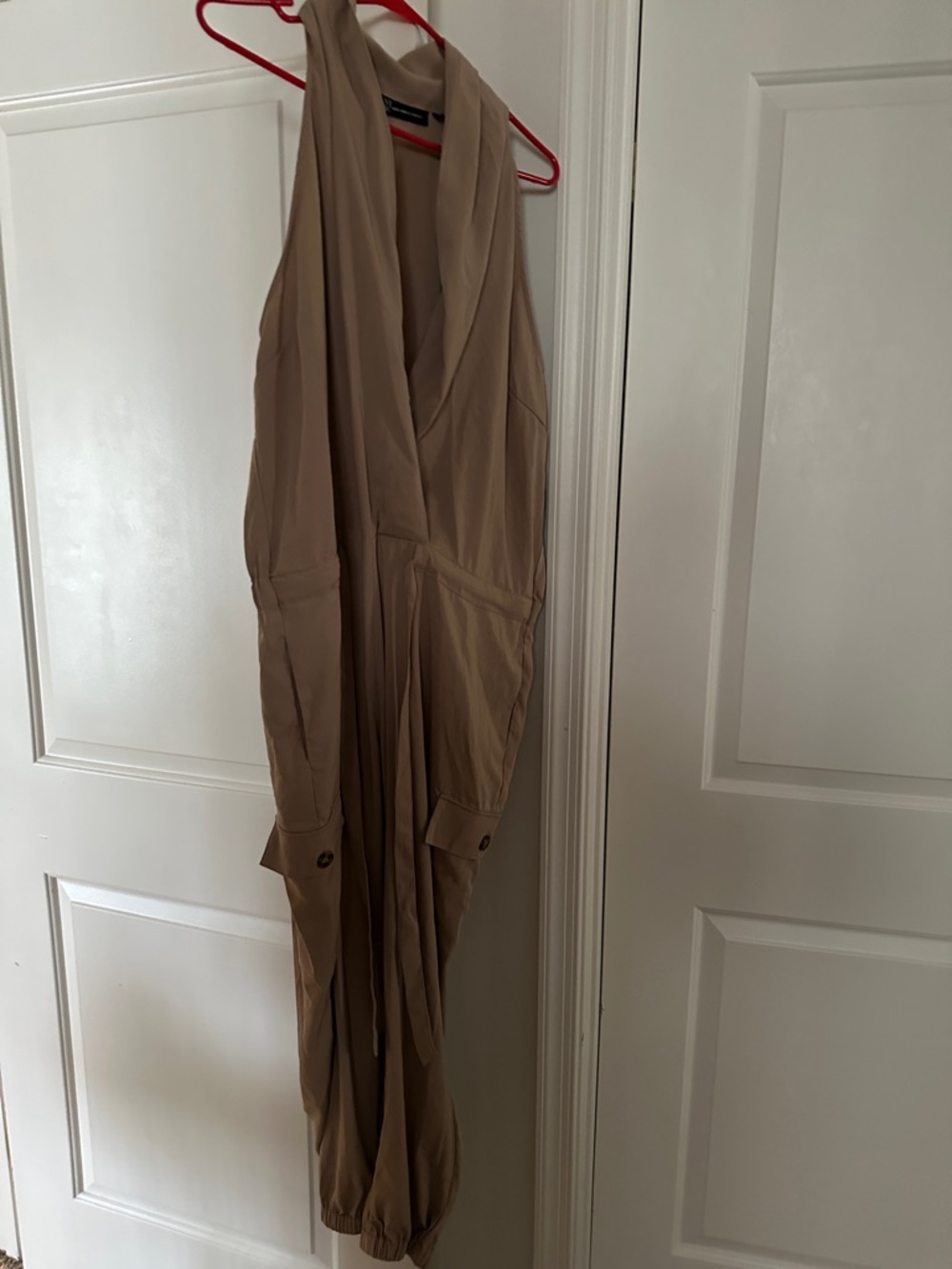 New York & Company Sleeveless Utility Jumpsuit in Beige-Tan